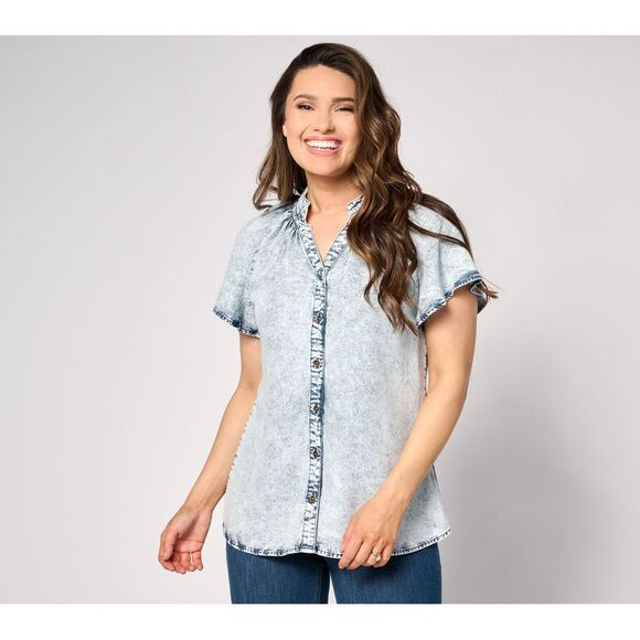 Anybody Women's Top Sz XS Tencel Acid Wash Flutter Sleeve Blue A643743 - Picture 1 of 4